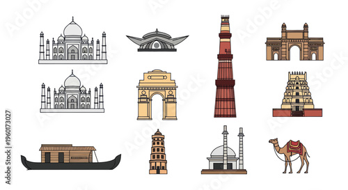 India Landmarks Collection: Taj Mahal, Qutub Minar, India Gate, Camel, Houseboat