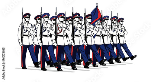 Military Parade Formation: Soldiers Marching in Uniform with Flag