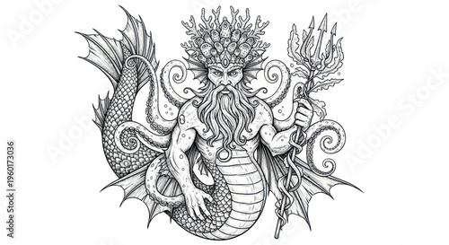 Mythological Sea King Neptune with Trident and Octopus Arms, Hand-Drawn Illustration