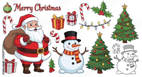 Merry Christmas Icons: Santa Claus, Snowman, Trees, Gifts, Holly, Candy Canes