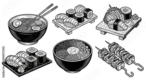 Japanese Food Assortment: Sushi, Ramen, Sashimi, and Yakitori Hand-Drawn Illustration