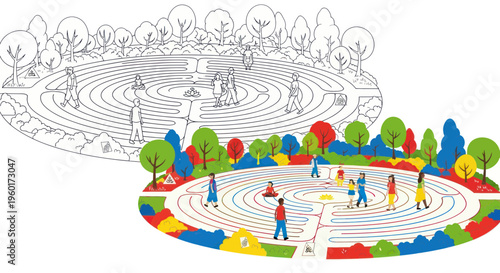 People Navigating a Colorful Maze Garden, Comparison of Outline and Colored Versions