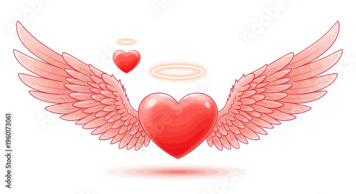 Red Heart with Angel Wings and Halo - Love Symbol Illustration