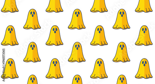 Seamless Pattern of Cute Yellow Ghosts on White Background, Halloween Theme