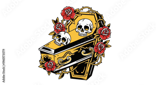 Skulls Emerging from Coffin Surrounded by Roses, Gothic Art Style