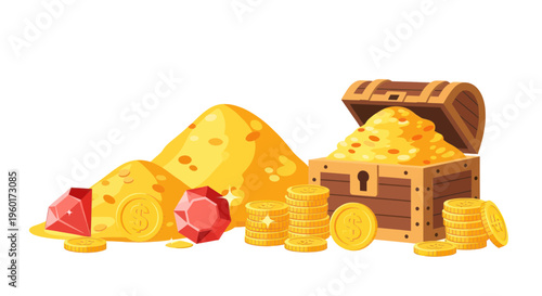 Treasure Chest Overflowing with Gold Coins and Gems