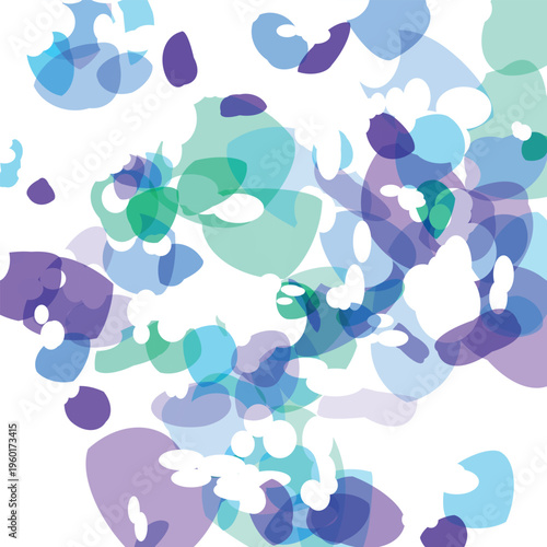 Abstract organic shapes and blobs of translucent blue purple and green colors overlapping and floating on a white background creating a soft painterly artistic effect