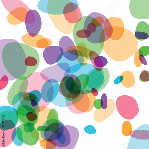 Abstract organic shapes overlap and blend creating a vibrant modern pattern with a playful artistic aesthetic and translucent colorful elements across a clean white canvas