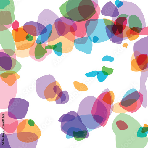 Abstract organic shapes overlap and blend with translucent colors creating a vibrant and playful artistic pattern against a clean white background