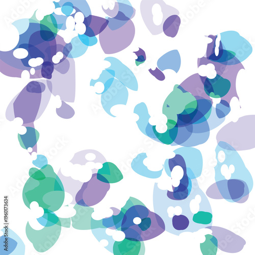 Abstract pattern of overlapping transparent shapes in blue purple and green hues with white accents scattered across the composition creating a light and airy feel suitable for graphic design
