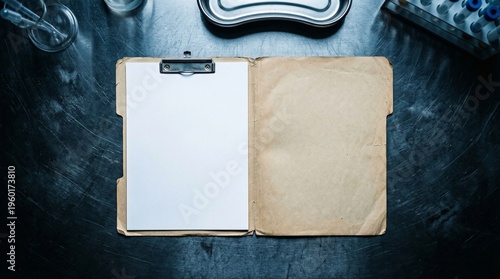 Foto Blank Clipboard And Folder Resting On Metallic Laboratory Table