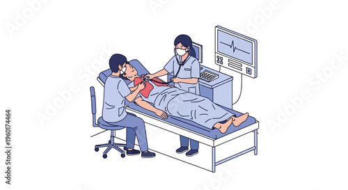 Professional Vector illustration depicting a healthcare team performing a detailed medical check-up, including vital auscultation and diagnostic procedures on a patient, for health monitoring