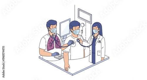 Healthcare team conducts vital lung auscultation on a patient, representing respiratory health checkups and thorough diagnostic procedures in this clear Vector illustration