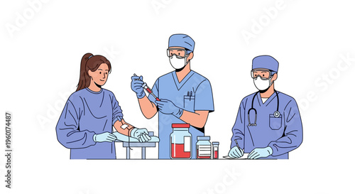 Vector illustration depicting a meticulous blood draw procedure performed by skilled medical professionals in a clinical setting for comprehensive health analysis and donation purposes