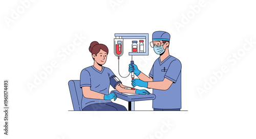 Vector illustration of a medical professional performing a blood draw procedure on a patient, symbolizing healthcare and diagnostic services
