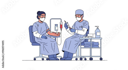Medical Illustration Vector of Blood Draw Procedure Performed by Healthcare Professional in a Clinic Setting