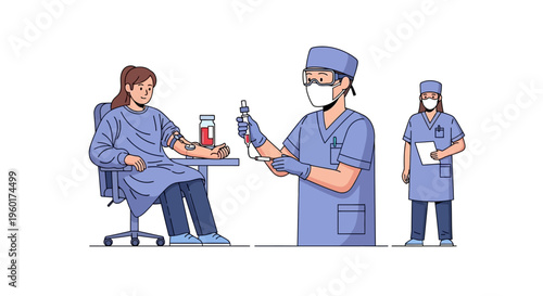 Healthcare Professionals Performing Blood Draw Procedure, Vector Illustration for Medical and Science Concepts