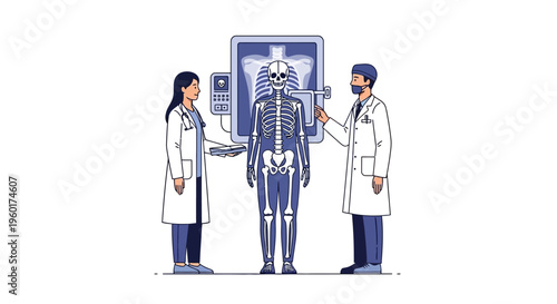 Two doctors in lab coats examining a vector skeleton X-ray scan, illustrating medical diagnostics and human anatomy research