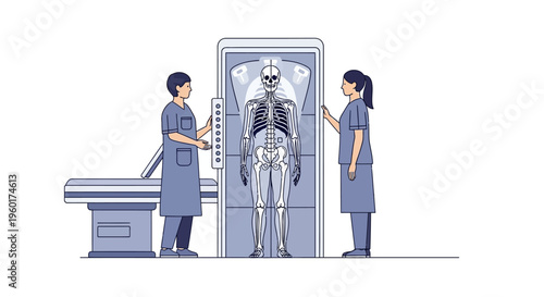 Vector illustration of two medical professionals positioning a patient for a chest x-ray, showcasing skeletal anatomy for diagnostic purposes