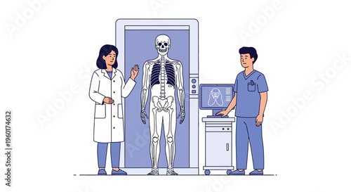 Vector illustration of medical professionals performing a chest X-ray procedure on a human skeletal model, showcasing modern diagnostic technology and healthcare services