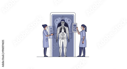 Vector illustration of medical professionals performing a chest X-ray on a patient, depicting diagnostic imaging and healthcare procedures