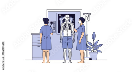 Vector illustration Medical professionals positioning a patient for a chest X-ray, detailing diagnostic imaging technology and healthcare in a modern hospital