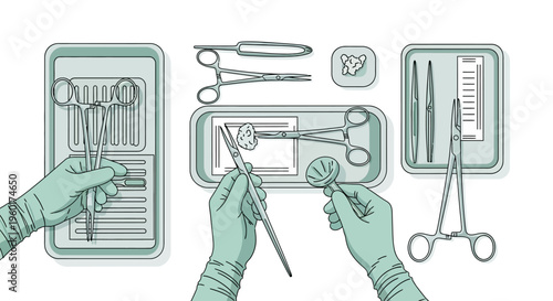 Vector illustration of surgical instruments laid out on trays, with gloved hands preparing for a medical procedure