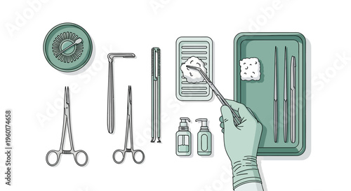 Vector illustration of medical instruments arranged on a white background, featuring surgical tools for sterile procedures and patient care