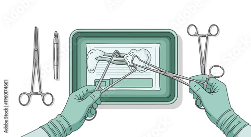 Vector illustration showing meticulous handling and cleaning of surgical instrumentation by medical professionals during a procedure, emphasizing sterile technique