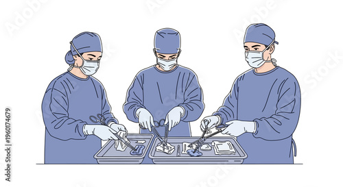 Vector illustration of a dedicated medical team meticulously preparing surgical instruments, emphasizing sterile hygiene and procedural precision in a healthcare setting