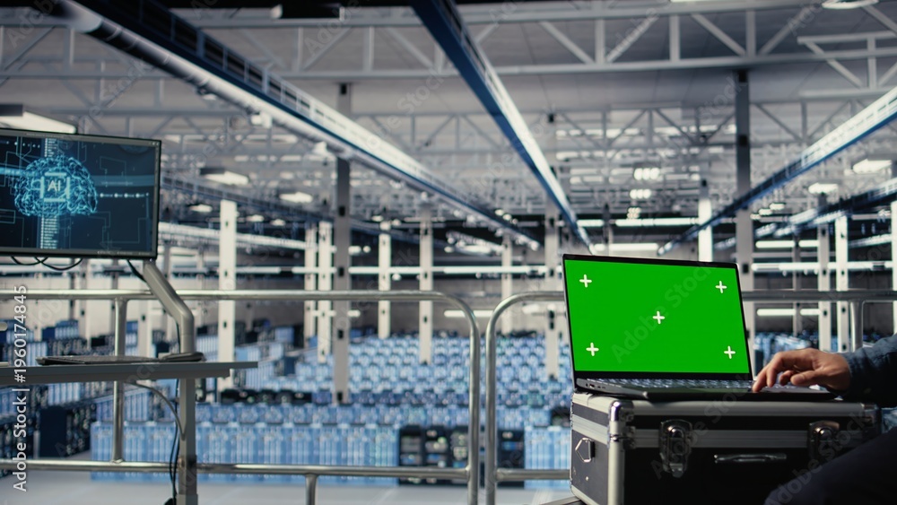 Fototapeta premium Data center employees check AI dashboard using green screen laptop during systems review. Server hub workers test artificial intelligence tools on mockup notebook for reliable performance, camera A