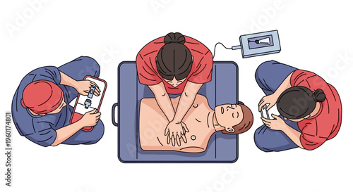 CPR Training Top-Down View of Medical Professionals Performing Chest Compressions on a Manikin, Vector Illustration
