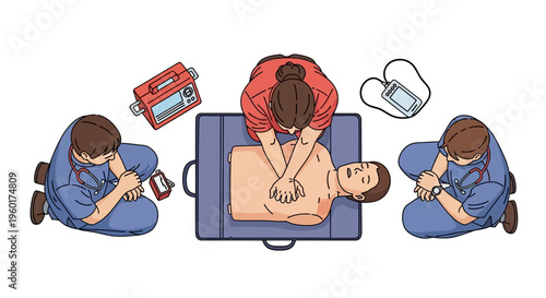 Vector illustration of a dedicated medical support team diligently performing Cardiopulmonary Resuscitation (CPR) on a manikin, emphasizing critical emergency life-saving training