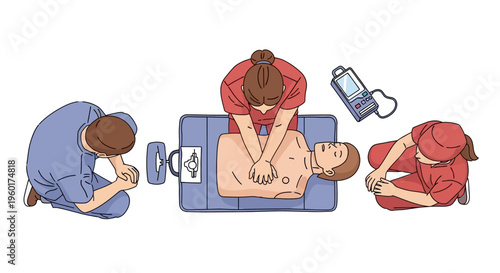 Dynamic vector illustration showing a crucial CPR training session, with medical professionals demonstrating life-saving emergency procedures and equipment use