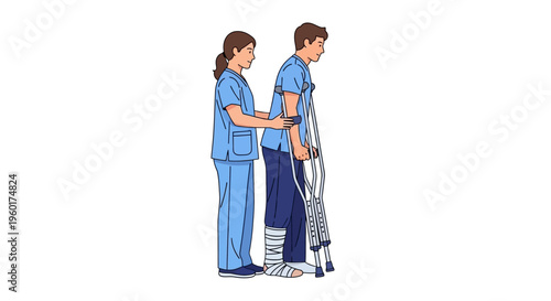 Vector illustration of a nurse assisting a patient with crutches, symbolizing support and recovery in healthcare