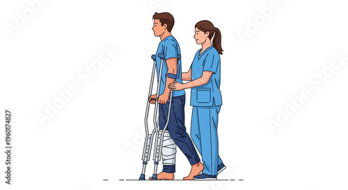 Vector illustration of a physical therapist assisting a patient with crutches, demonstrating safe mobility and rehabilitation after injury or surgery