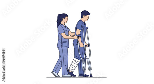 Vector illustration of a medical professional assisting a male patient with crutch walking, emphasizing rehabilitation support and recovery after a leg injury