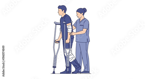 Vector Illustration of a Patient with a Bandaged Leg Using Crutches with Assistance from a Nurse, Demonstrating Recovery and Rehabilitation