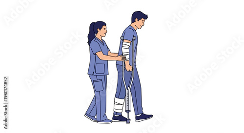 Vector illustration of a dedicated nurse assisting a male patient with crutches, cast, and bandaged arm, providing essential walking support during rehabilitation and recovery from injury