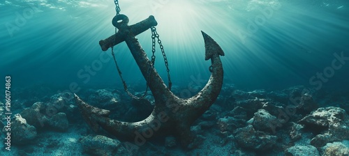 A Vintage Sunken Anchor Resting on the Ocean Floor Illuminated by Sunbeams in a Serene Seascape