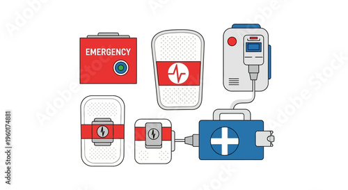 Vector illustration of medical emergency equipment. Featuring defibrillator pads, AED units, and a first aid kit. Essential for critical life-saving response