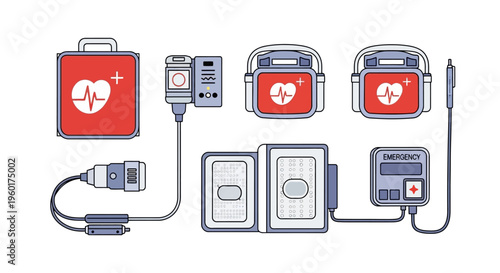 Comprehensive Vector Illustration of Essential Emergency Medical Equipment, Featuring Defibrillator Pads and First Aid Kits for Critical Care and Lifesaving Procedures