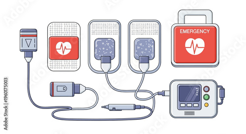 Vector illustration of medical equipment including IV bags, emergency medical kit, and vital signs monitor for healthcare and emergency response concepts