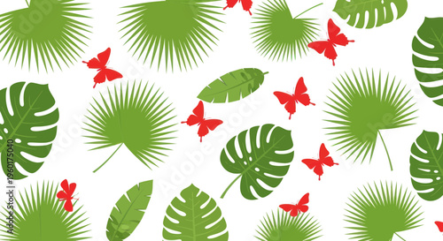 Tropical Leaves and Red Butterflies Seamless Pattern, Exotic Jungle Flora, Vibrant Summer Background