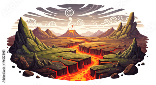 Volcano Eruption Landscape with Lava Flow and Cracked Earth