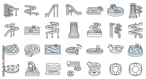 Water Park Slides Collection: Fun Thrill Rides and Pools Vector Icons