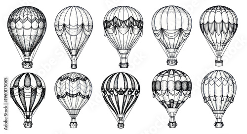 Vintage hot air balloons illustration, hand-drawn sketch style, black and white