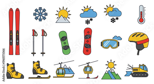 Winter Sports Equipment and Weather Icons Set