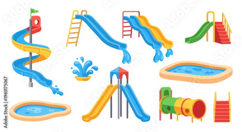 Water Slides and Pools Set - Summer Fun Vector Illustration