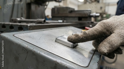 Gloved hand pressing a metal button on industrial machinery.